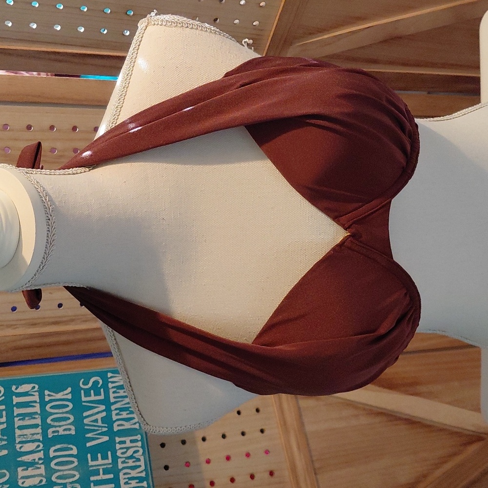 a.che Brown Halter Bikini Top Underwire Swim Top Pin Up Glam 38C 36D 34DD 32E